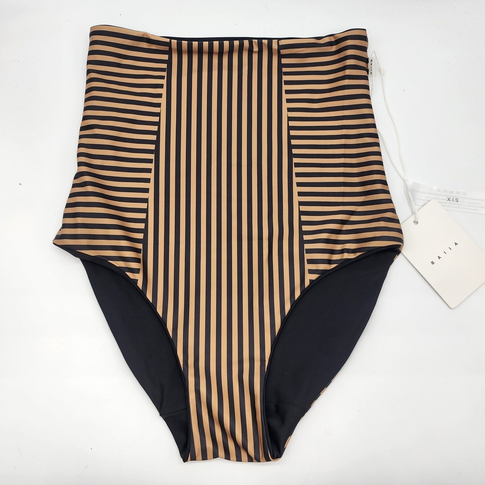 BAIIA Valencia Reversible Bikini Bottoms Women's 6 Black Tan Striped High Waist